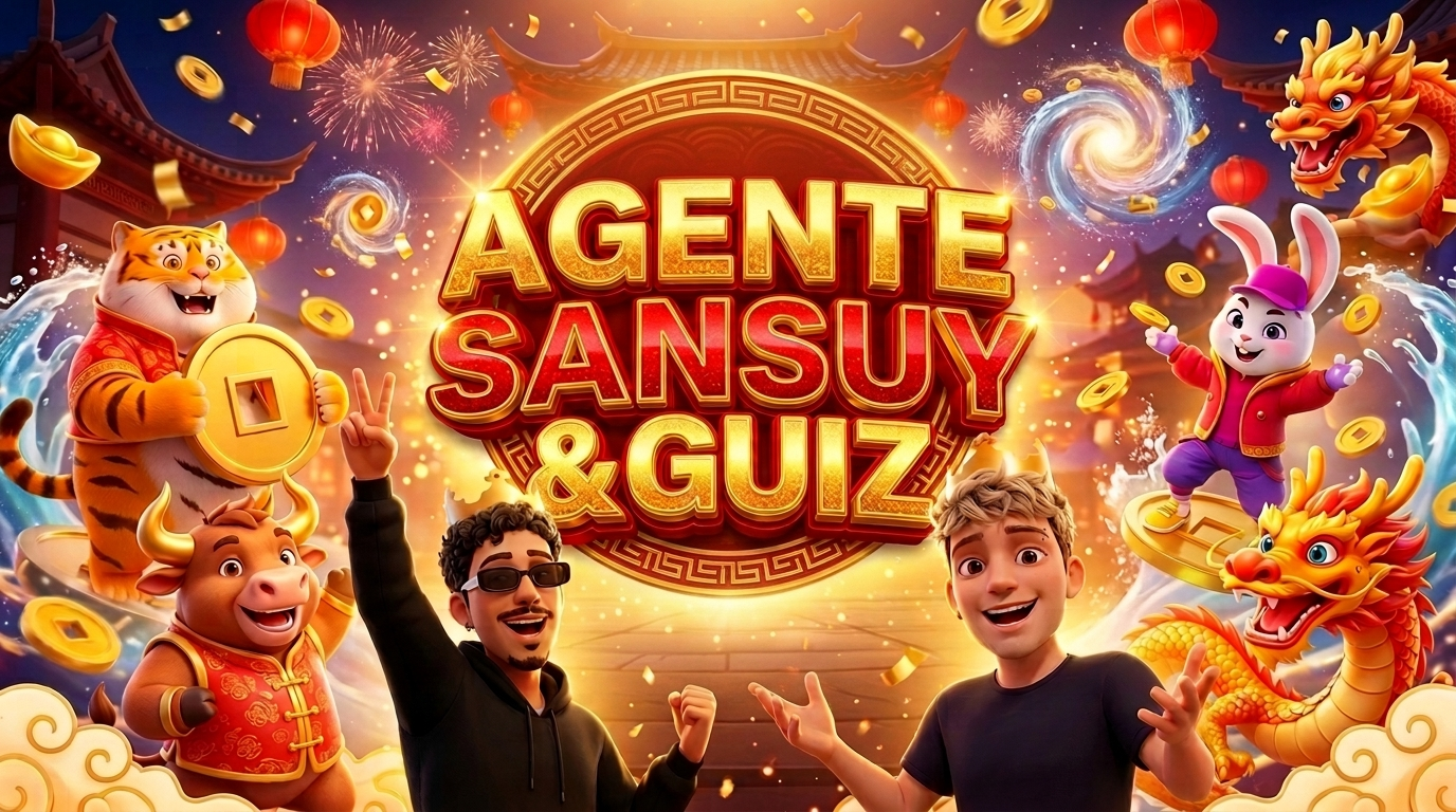 Agente Sansuy & Guiz — arte com personagens, dragões e moedas douradas